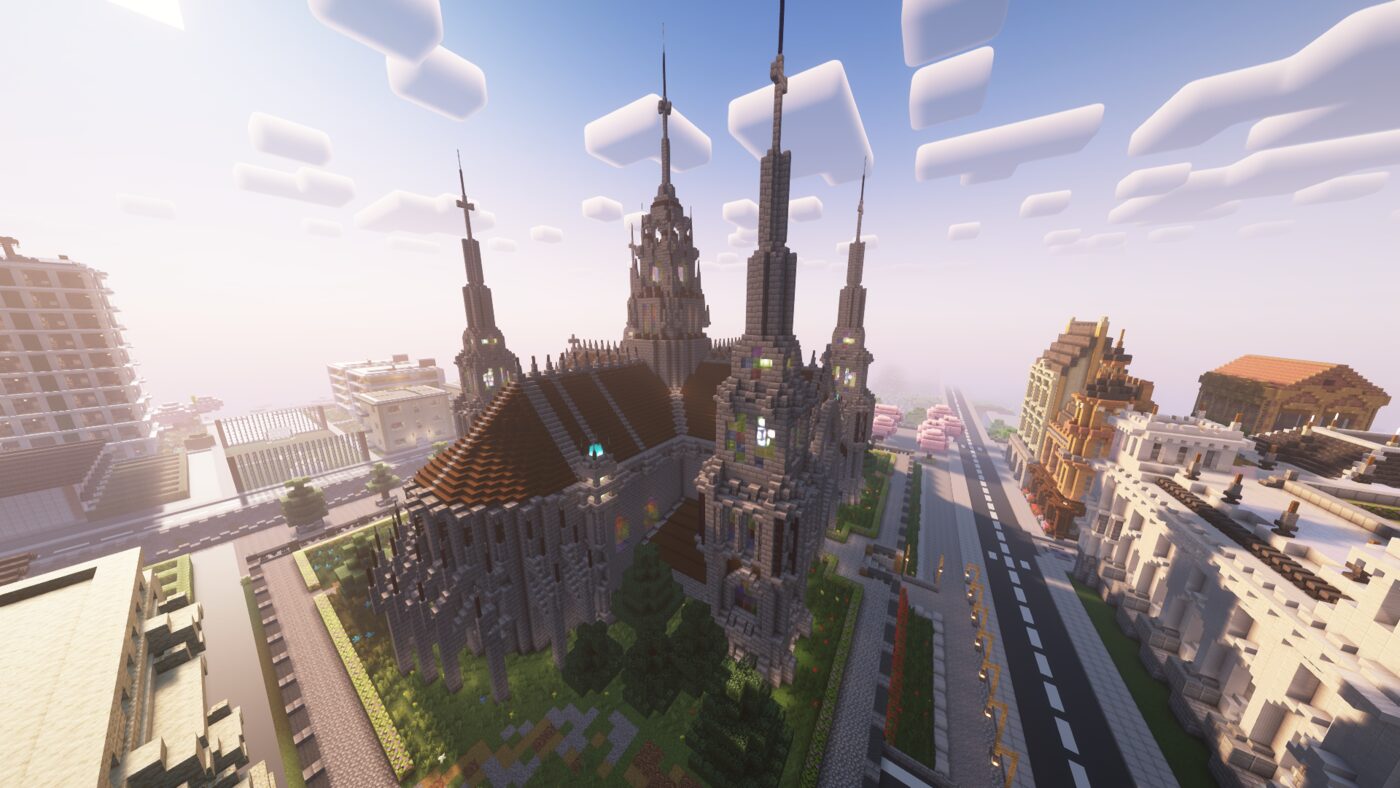 Saint Benjamin Cathedral exterior, gothic spires over a modern city