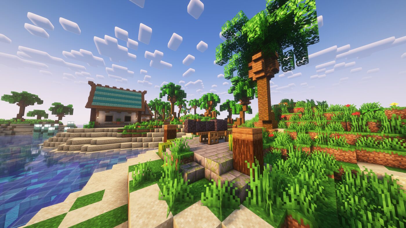 Island spawn plaza with lantern-lit palm trees